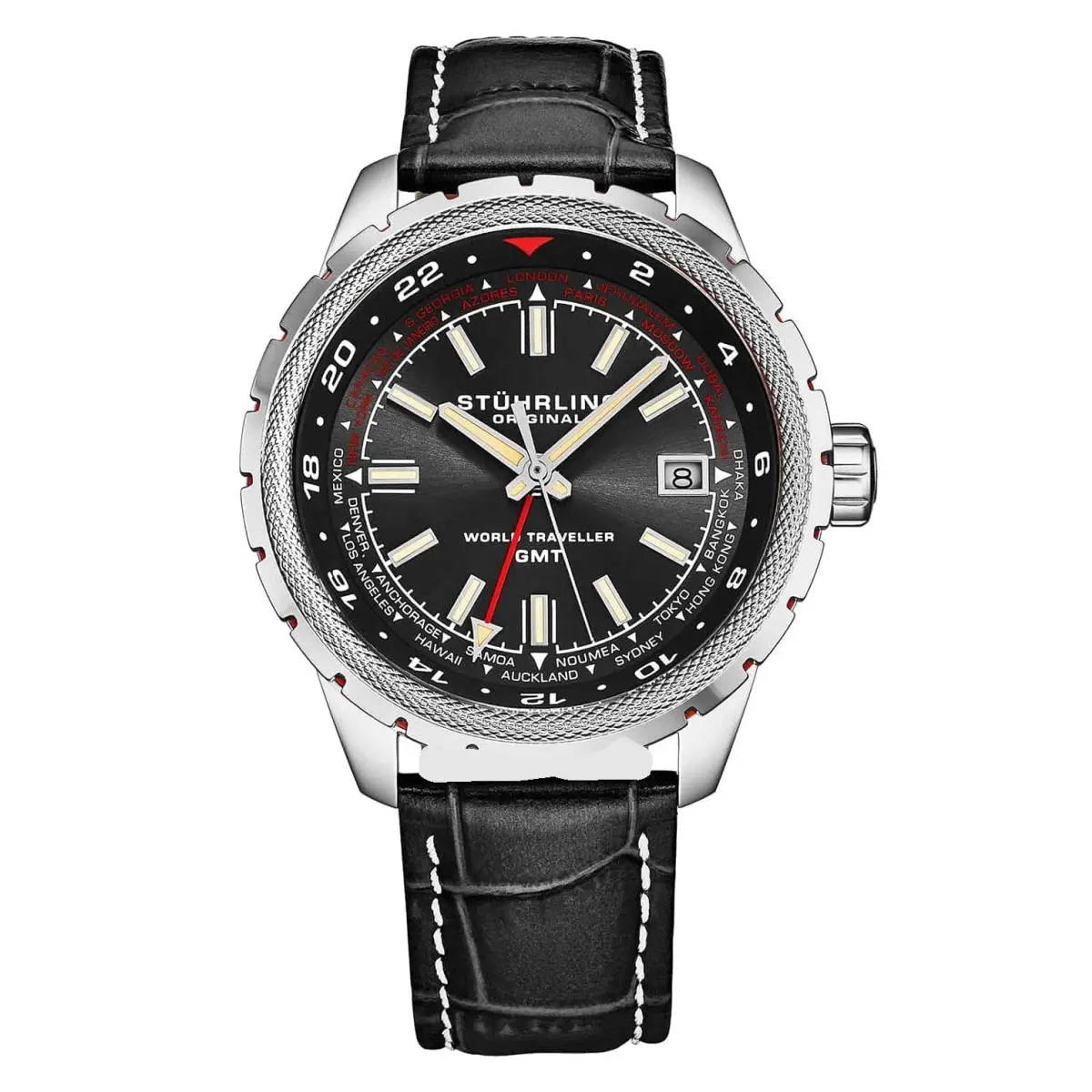 Stuhrling 1014 01 World Traveler Quartz Gmt Date Leather Mens Watch