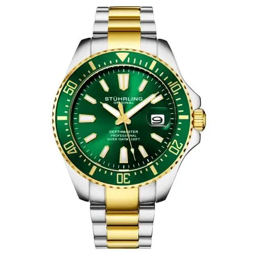 Stuhrling 3950A 6 Aquadiver Date Stainless Steel Green Dial Two Tone Mens Watch by Stührling