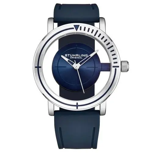 Stuhrling 3915 1 Aviator Quartz Semi Transparent Dial Blue Rubber Mens Watch