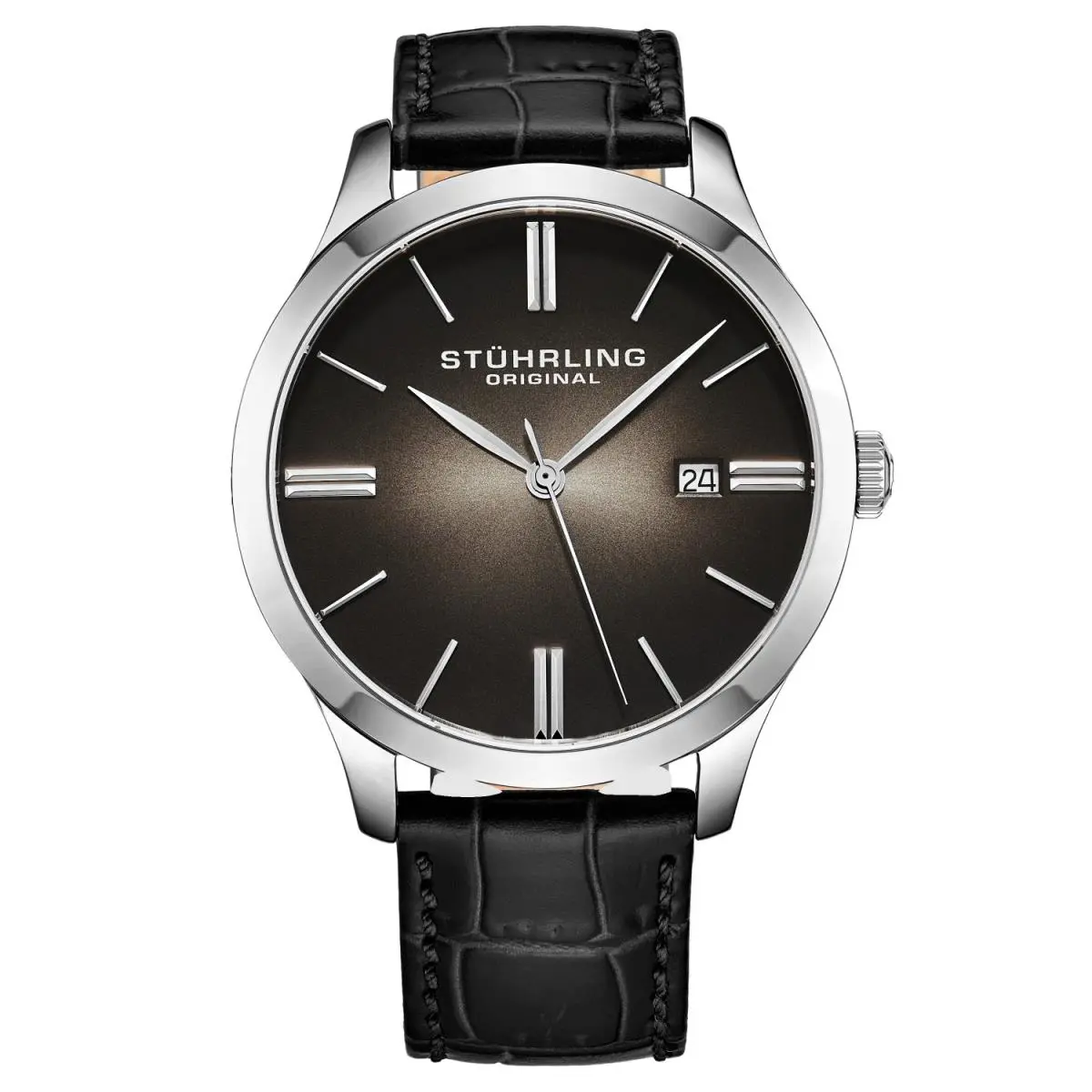 Stuhrling 4014 1 Cuvette II Quartz Date Black Leather Strap Mens Watch