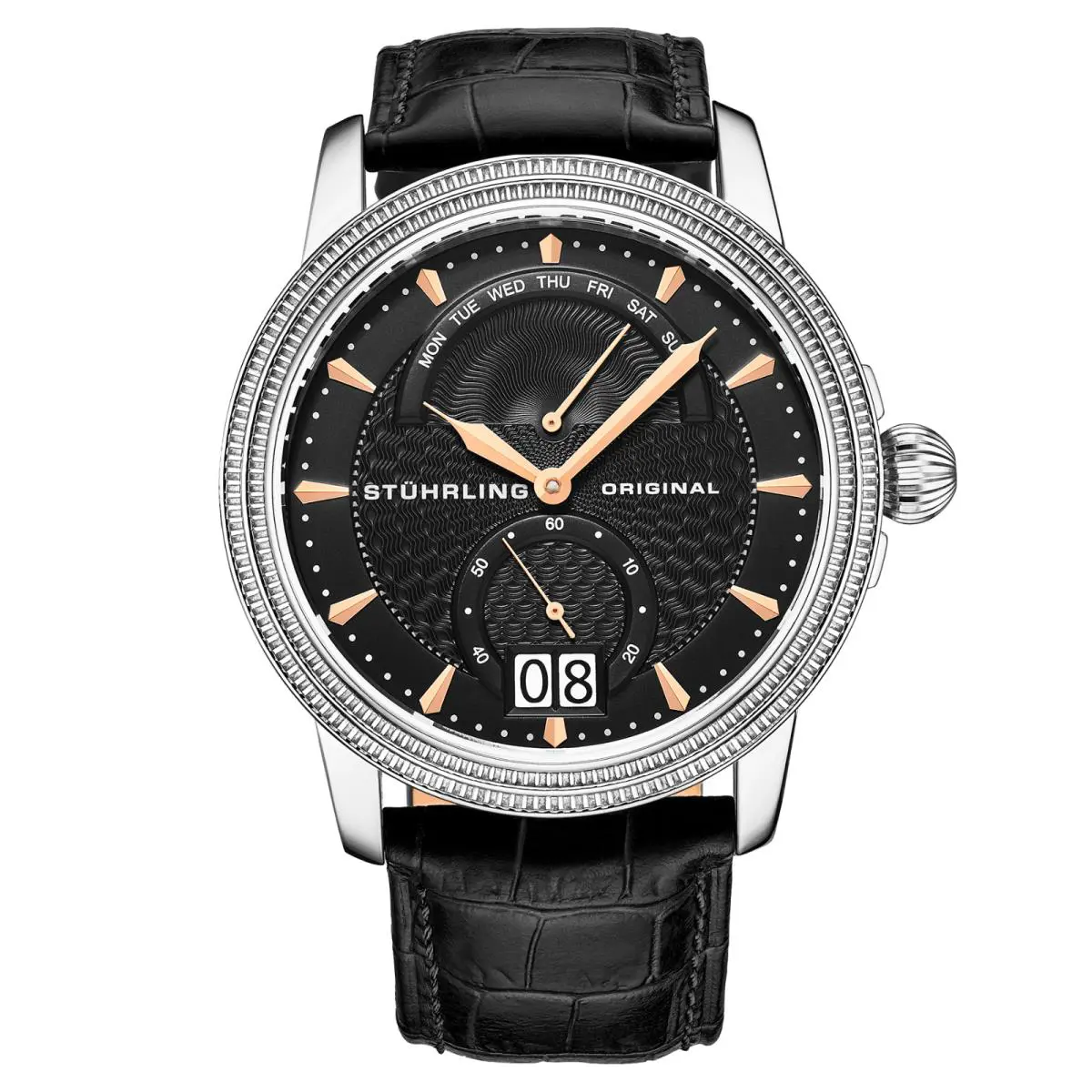 Stuhrling Men`s Dress Swiss Quartz Watch Brushed Finish Guilloche Black Dial by Stührling