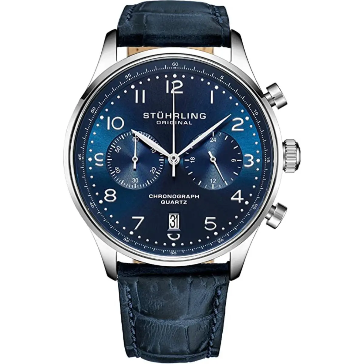 Stuhrling 4012 3 Quartz Chronograph Date Blue Leather Mens Watch