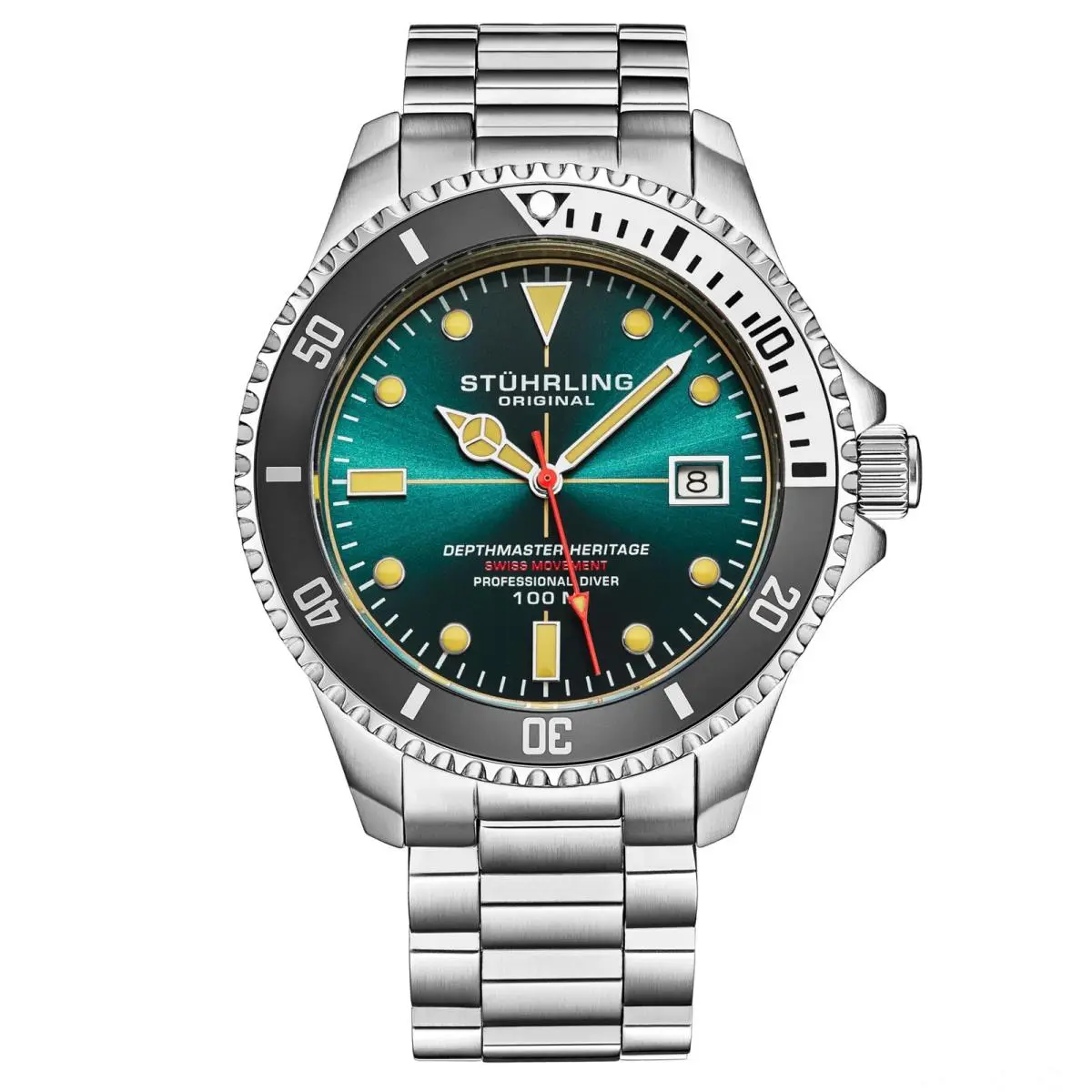 Stuhrling Depthmaster Heritage Diver Watch 42mm Swiss Quartz Steel 100M Water