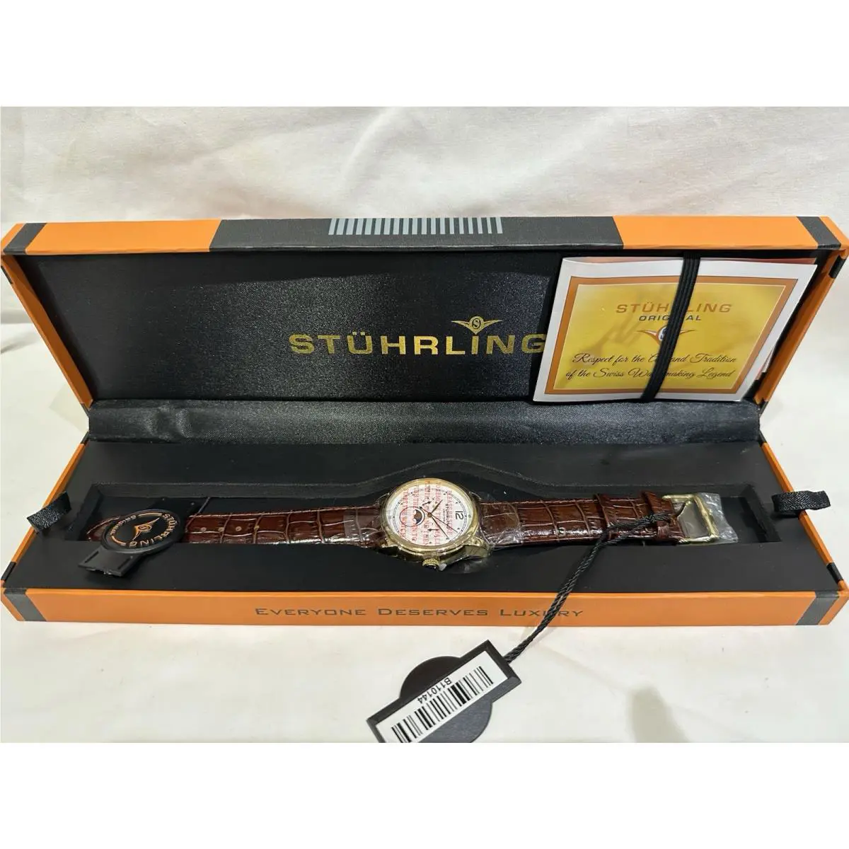 Stührling Mens 898 03 Celestia Moon Phase Brown Leather Strap Watch