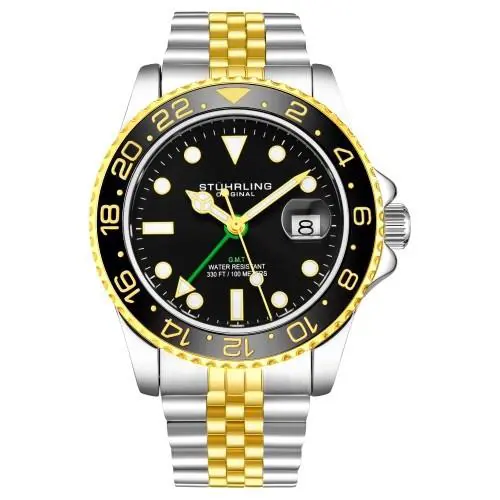 Stuhrling 3968 3 Aquadiver Swiss Quartz Gmt Date Stainless Steel Mens Watch - Dial: Black, Band: Silver, Bezel: Black