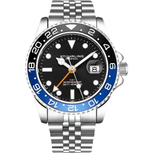 Stührling Meridian Gmt Men`s Diver Watch 42mm Batman Bezel - Dial: Black, Band: Silver