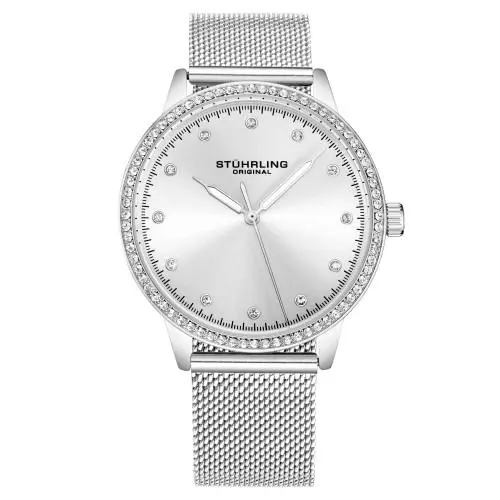 Stuhrling 3904 1 Vogue Quartz Crystal Accented Mesh Bracelet Womens Watch
