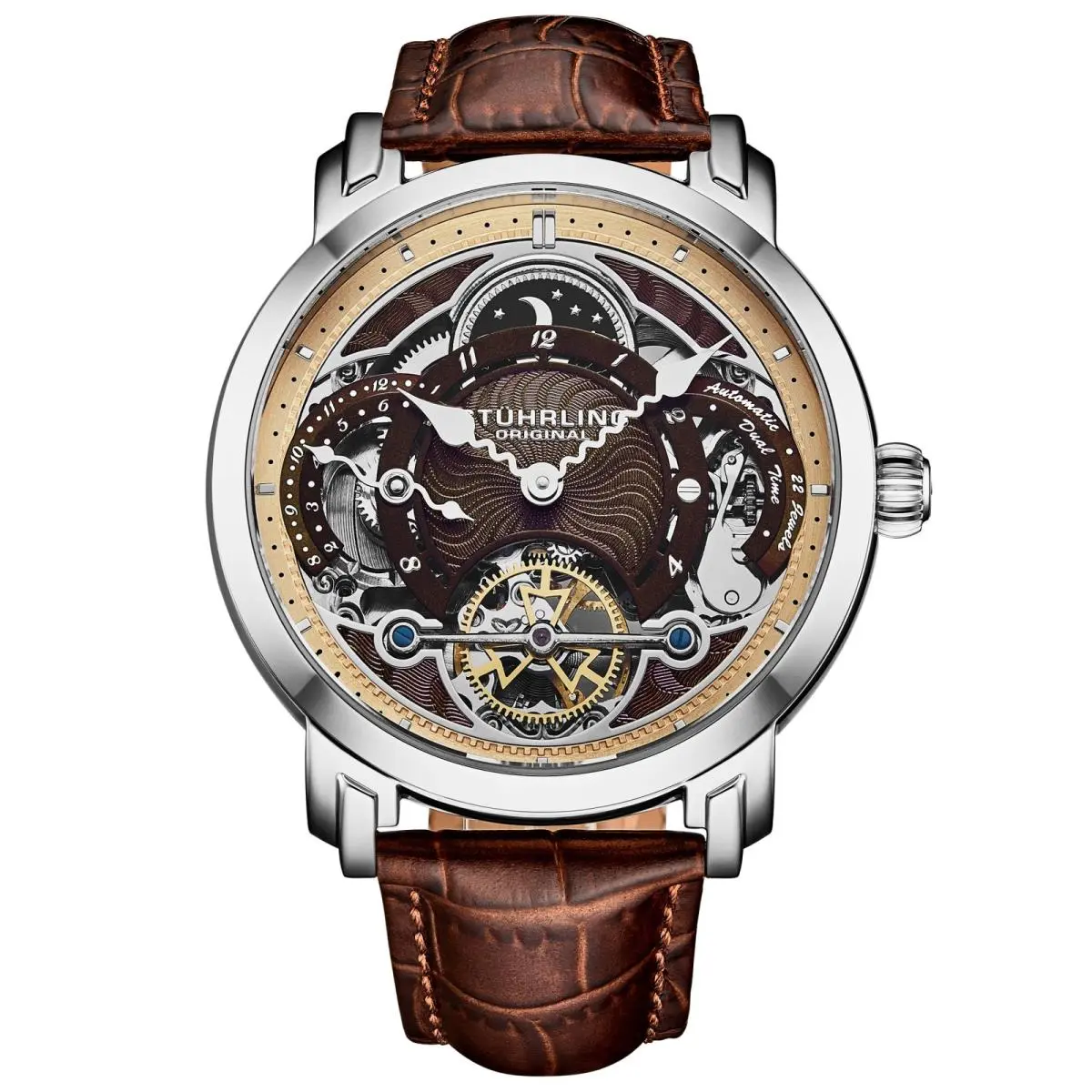 Stuhrling 1017 02 Automatic Celestial Timekeeper Dual Time Brown Mens Watch
