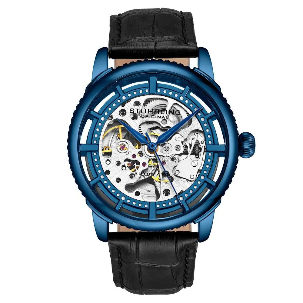 Stuhrling 3933 2 Winchester Automatic Blue Skeleton Leather Strap Mens Watch - Dial: Clear, Band: Black