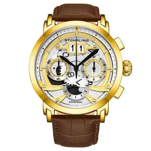 Stuhrling 926 03 Monaco Andover Chronograph Date Brown Leather Mens Watch - Dial: Black, Band: Brown