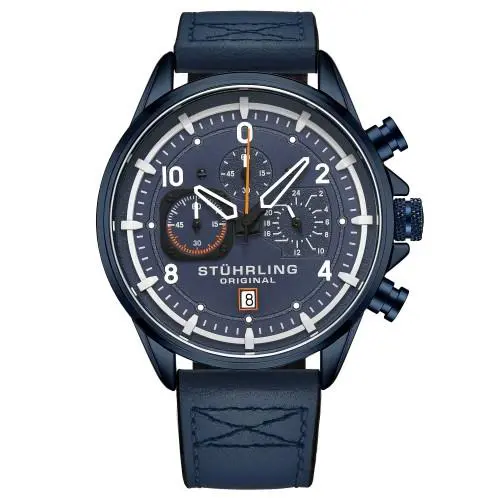 Stuhrling 929 03 Chronograph Date Quartz Blue Leather Strap Mens Watch