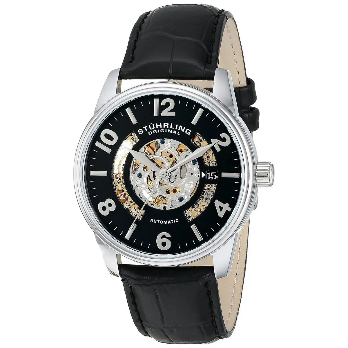 Stuhrling Legacy Men`s 42mm Automatic Black Calfskin Krysterna Date Watch 649.01