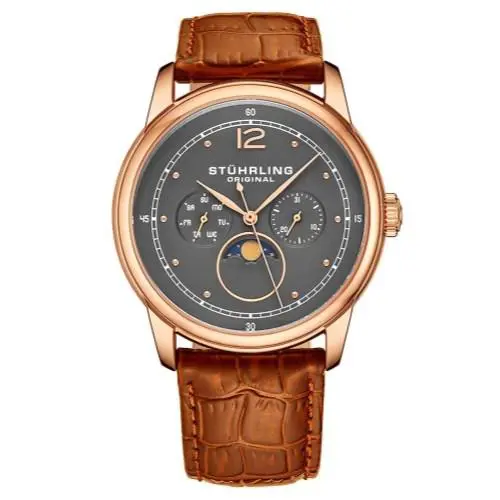 Stuhrling 898 04 Celestia Moon Phase Day Date Brown Leather Strap Watch