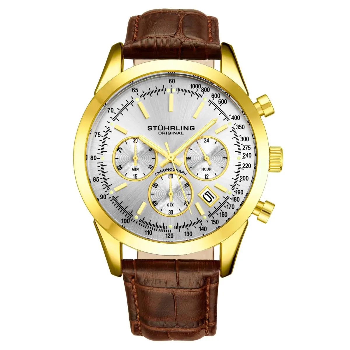Stuhrling 3975L 8 Preston Monaco Quartz Chronograph Date Leather Mens Watch - Dial: Silver, Band: Brown, Bezel: Gold