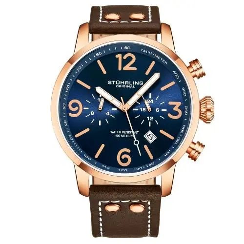 Stuhrling 3956 3 Aviator Chronograph Date Brown Leather Strap Mens Watch - Dial: Blue, Band: Brown