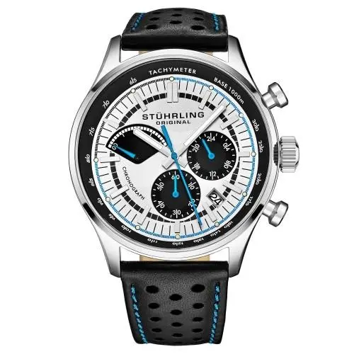 Stuhrling 934 01 Tachymeter Date Quartz Black Leather Mens Watch