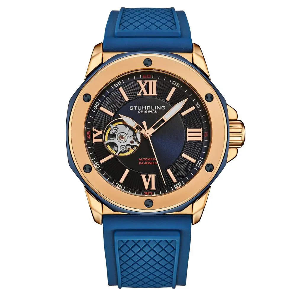 Stuhrling 4056 3 Edwardian Automatic Rose Classic Blue Rubber Strap Mens Watch
