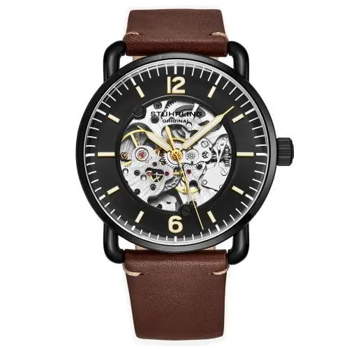 Stuhrling 3972 3 Mantra Automatic Brown Leather Skeleton Dress Mens Watch