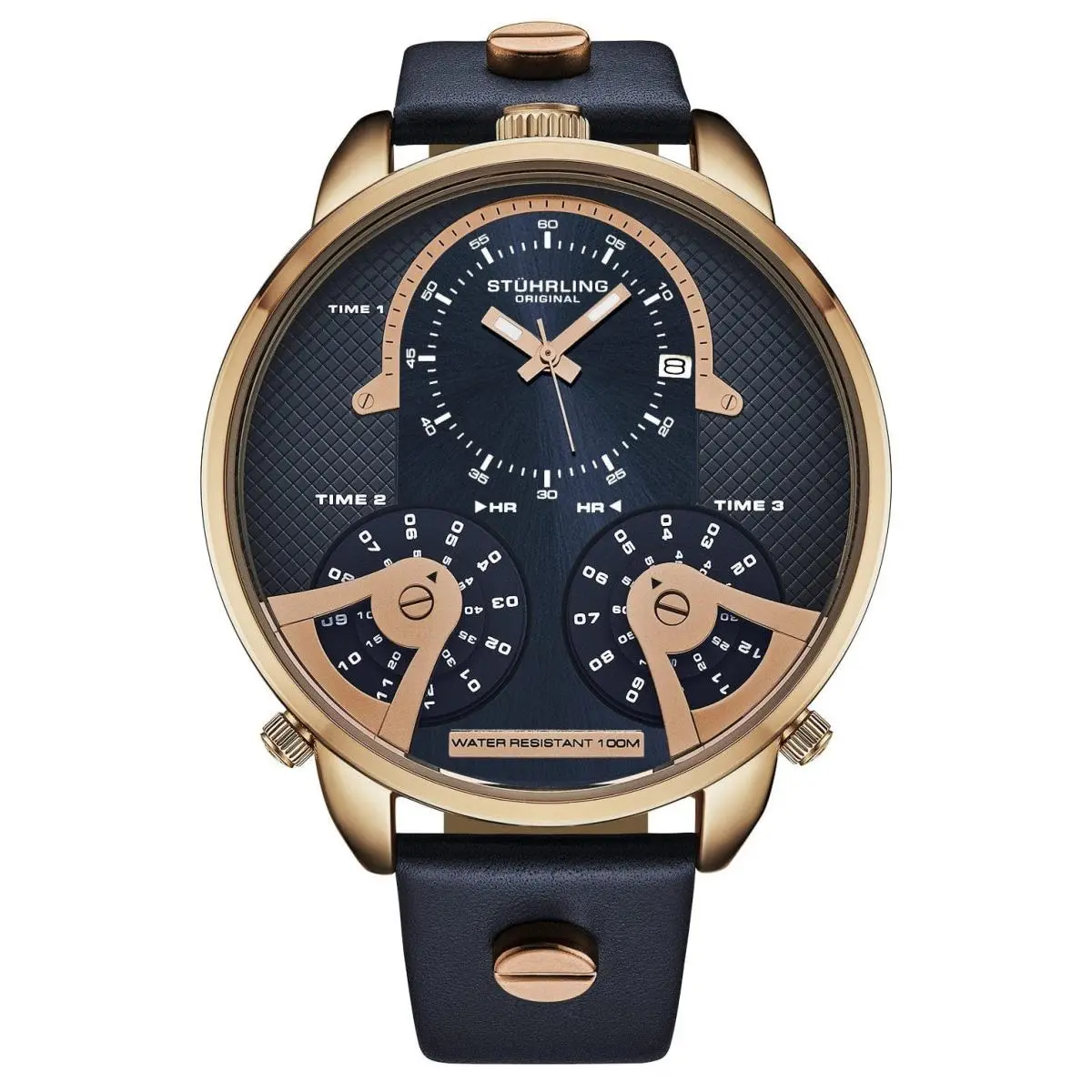 Stuhrling 4051 2 Terratime Triple Time Quartz Blue Leather Strap Mens Watch by Stührling