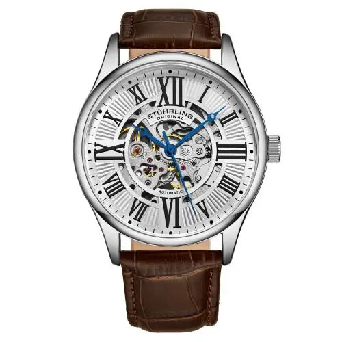Stuhrling 3942 1 Automatic Skeleton Brown Leather Strap Mens Watch