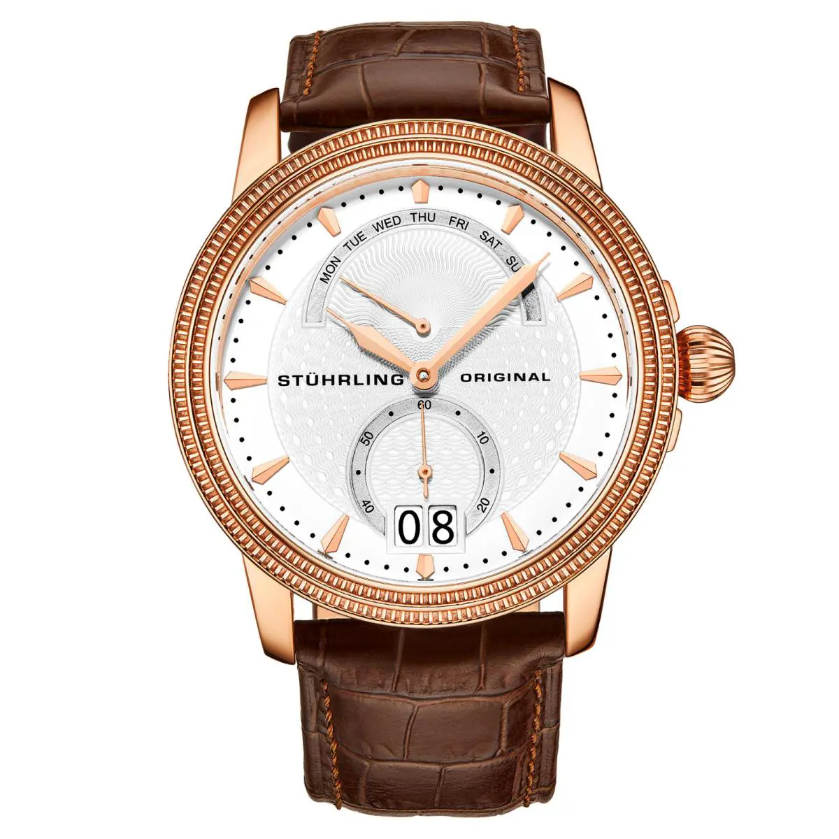 Stuhrling Men`s Rose Swiss Quartz Watch Decorative Guilloche Pattern Silver Dial - Dial: Silver, Band: Brown