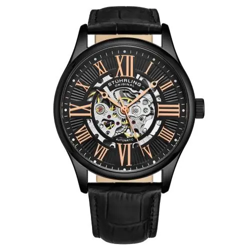 Stuhrling 3942 3 Automatic Skeleton Black Leather Strap Mens Watch