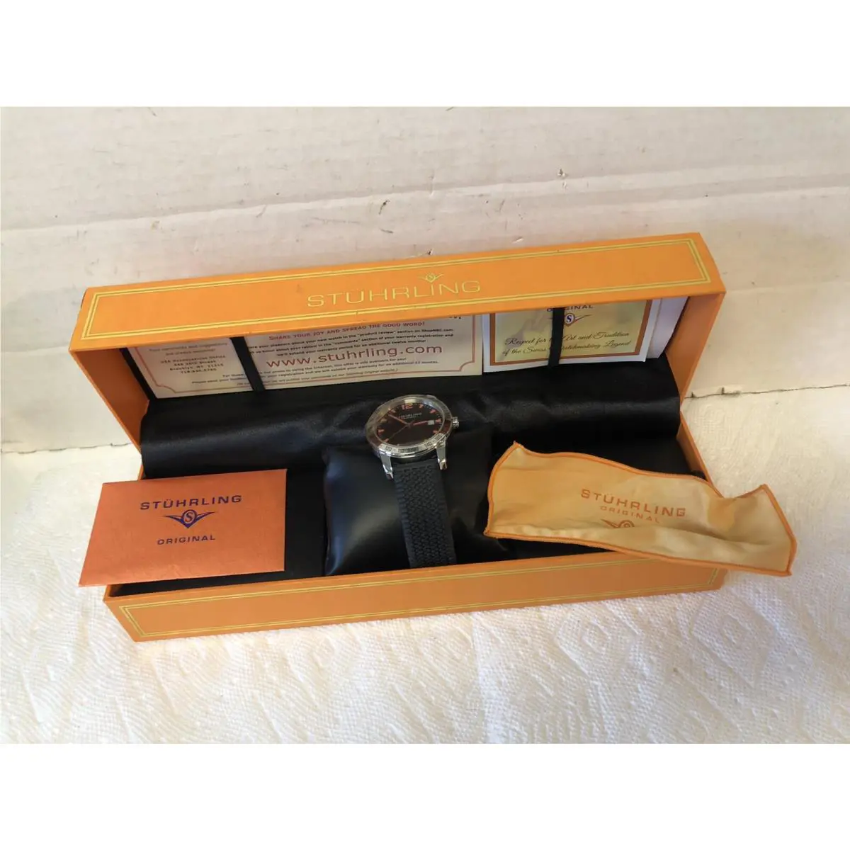 Men’s Stuhrling Watch Orange on Black Dial Tachymeter Mint