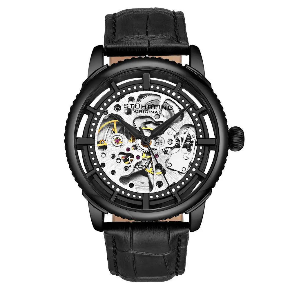 Stuhrling 3933 3 Winchester Automatic Black Skeleton Leather Strap Mens Watch - Dial: Clear, Band: Black