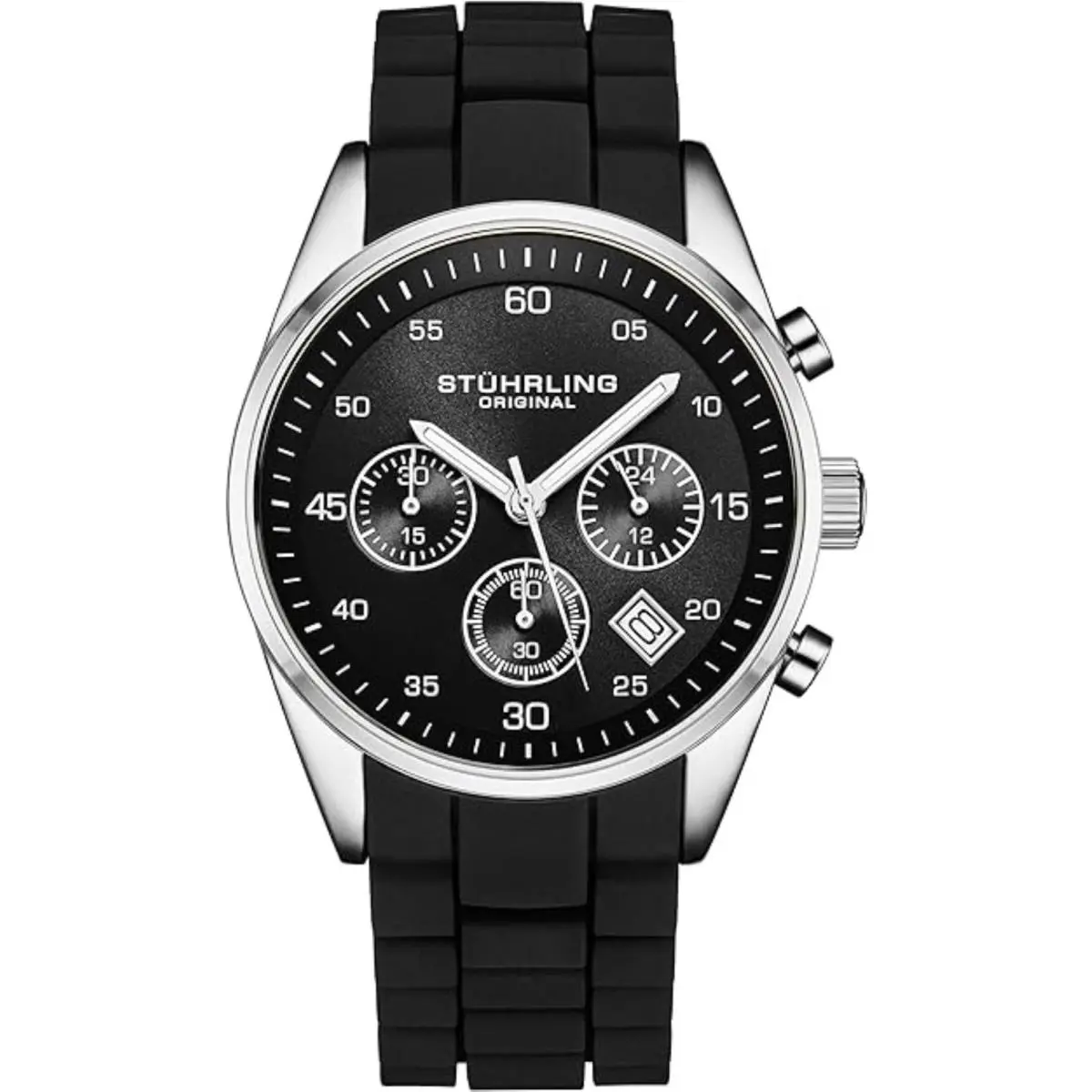 Stuhrling 4057 1 Quartz Chronograph Date Black Silicone Strap Mens Watch