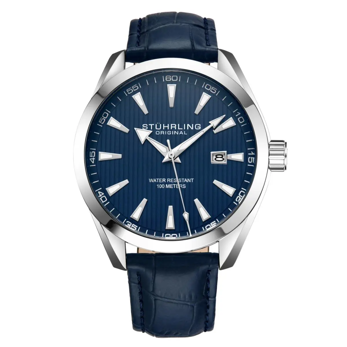 Stuhrling 3953L 2 Symphony Quartz Date Blue Leather Strap Mens Watch - Dial: Blue, Band: Blue, Bezel: Silver
