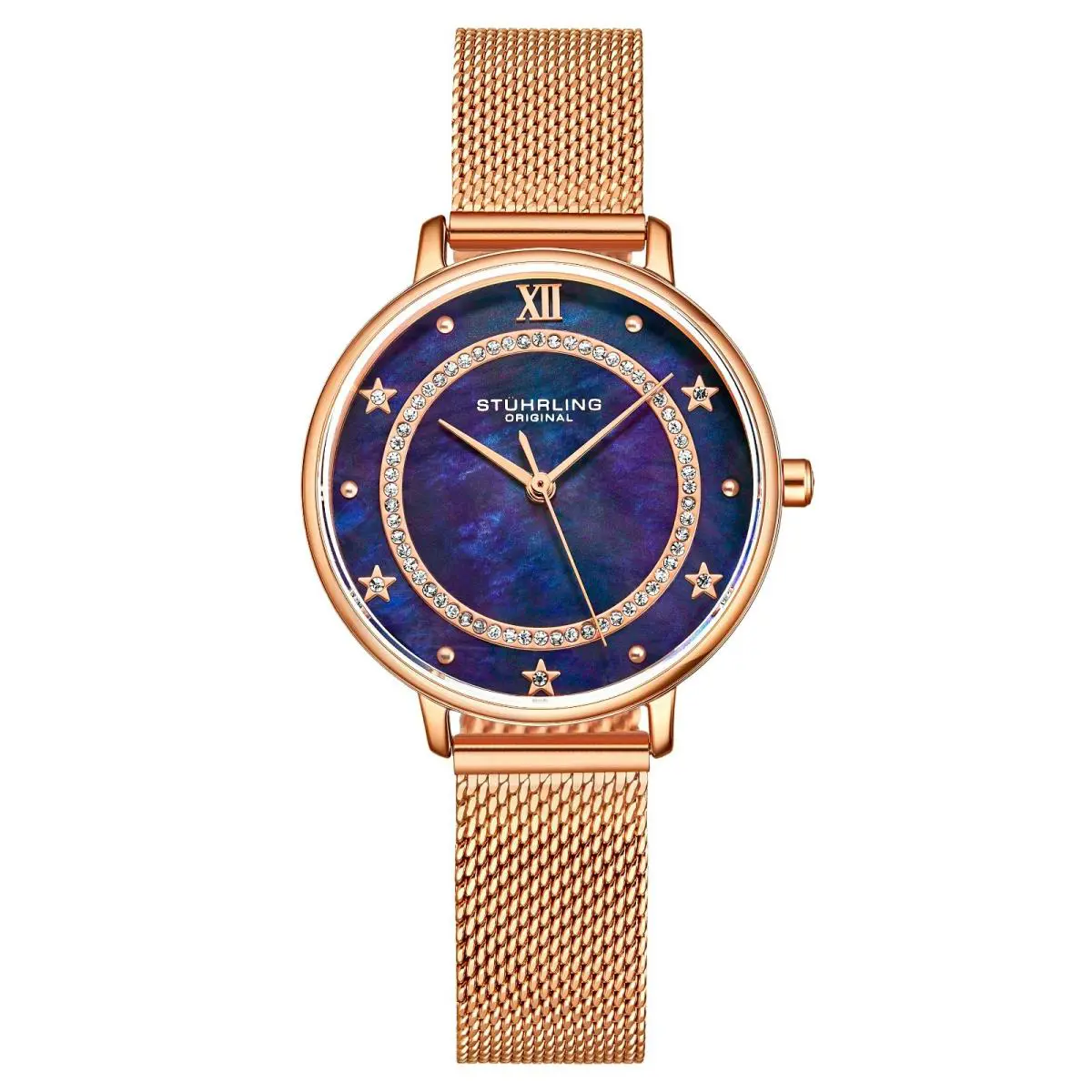 Stuhrling Ladies Mop Crystal Studded Ring Face Mesh Band Japan Quartz 34mm Watch