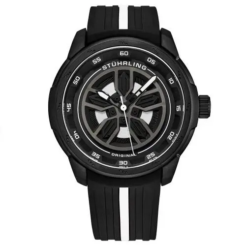 Stuhrling 984 04 Aviator Quartz Black White Silicone Strap Mens Watch