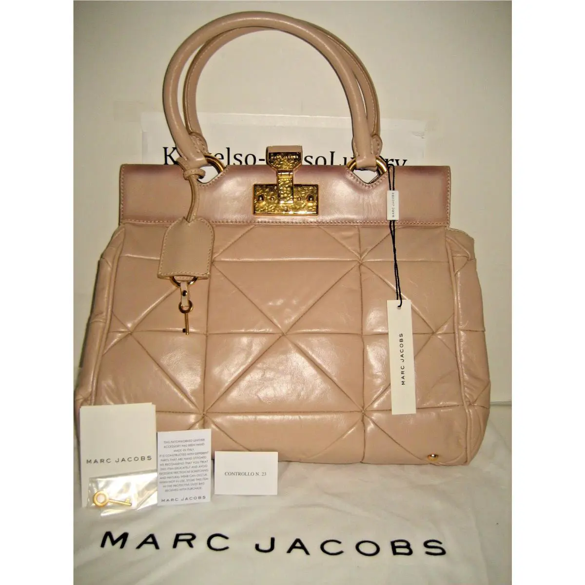 Marc Jacobs Patchwork Klein Frame Blush Leather Tote Bag Handbag Gold Lock