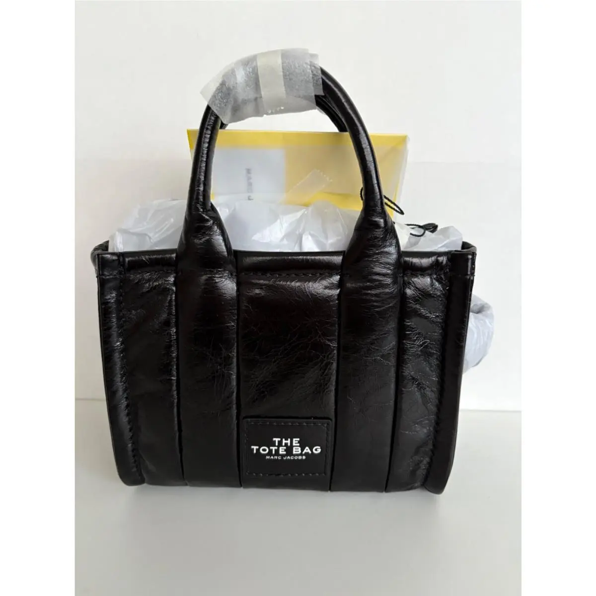 Marc Jacobs The Shiny Crinkle Micro Tote Black Leather Crossbody Handbag