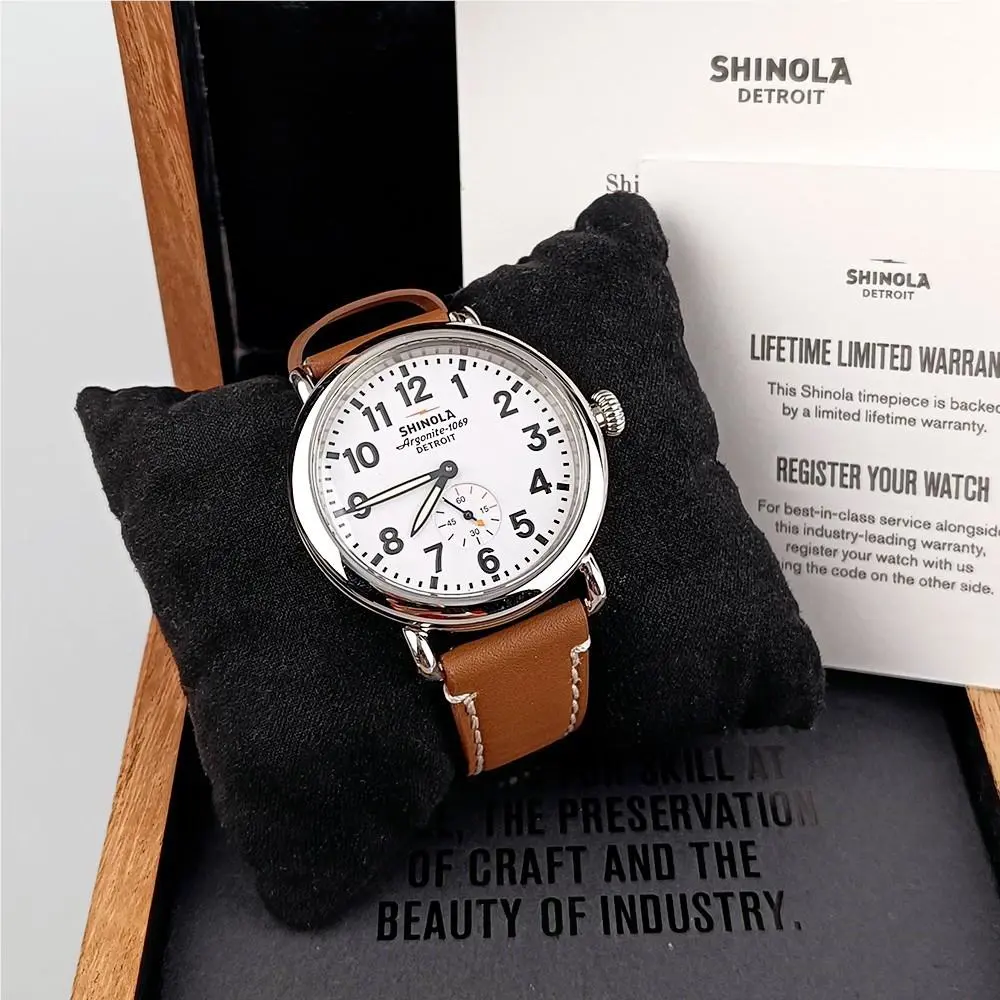 Men`s  Runwell 41mm White Dial Brown Leather Strap Quartz Watch by Shinola