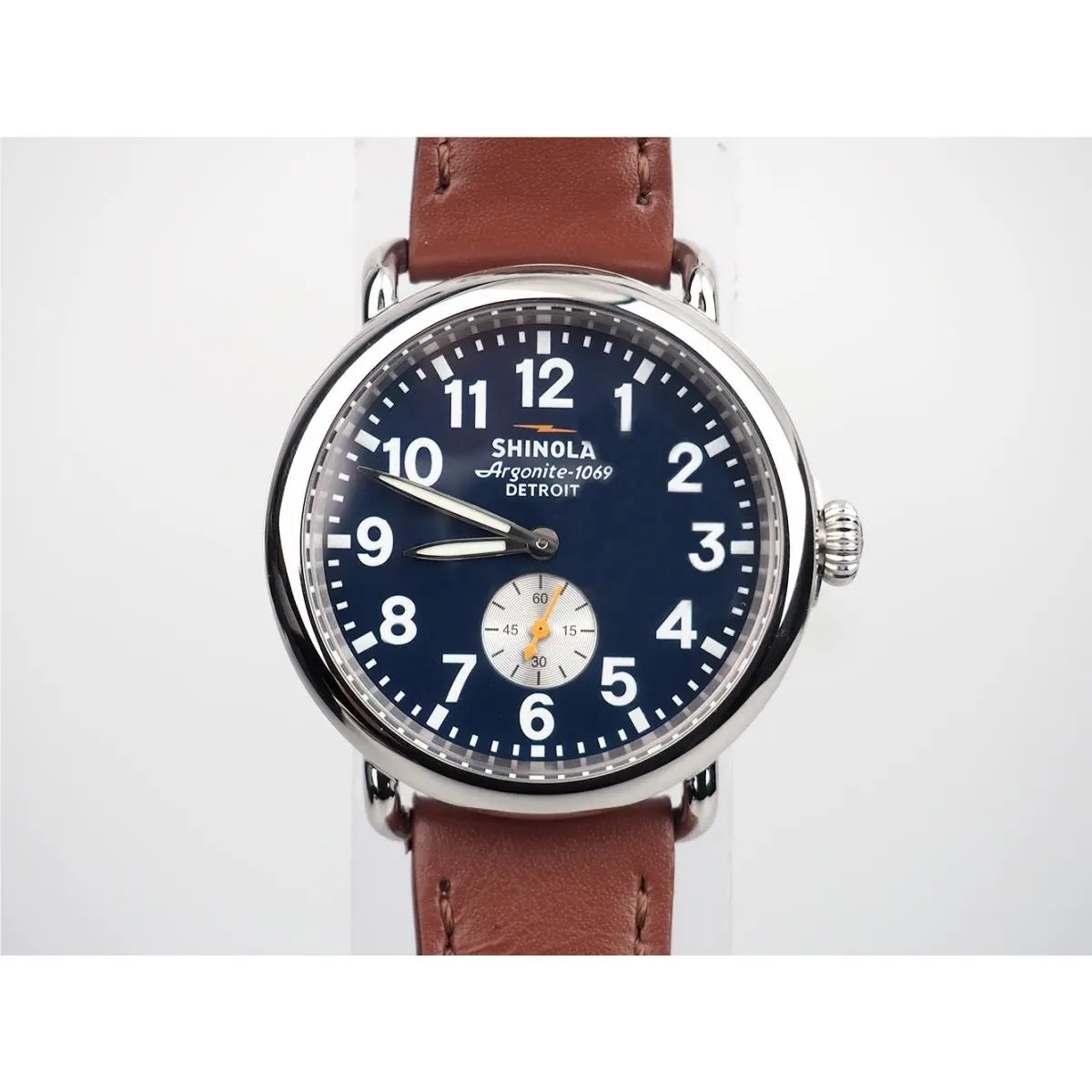 Men`s Shinola Runwell 41mm Midnight Blue Dial Brown Leather Strap Quartz Watch