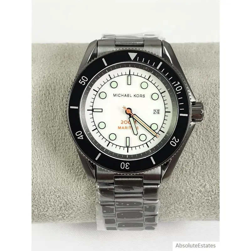 Maritime Mens 200m Diver Watch White Dial Gray Stainless Steel Band by Michael Kors