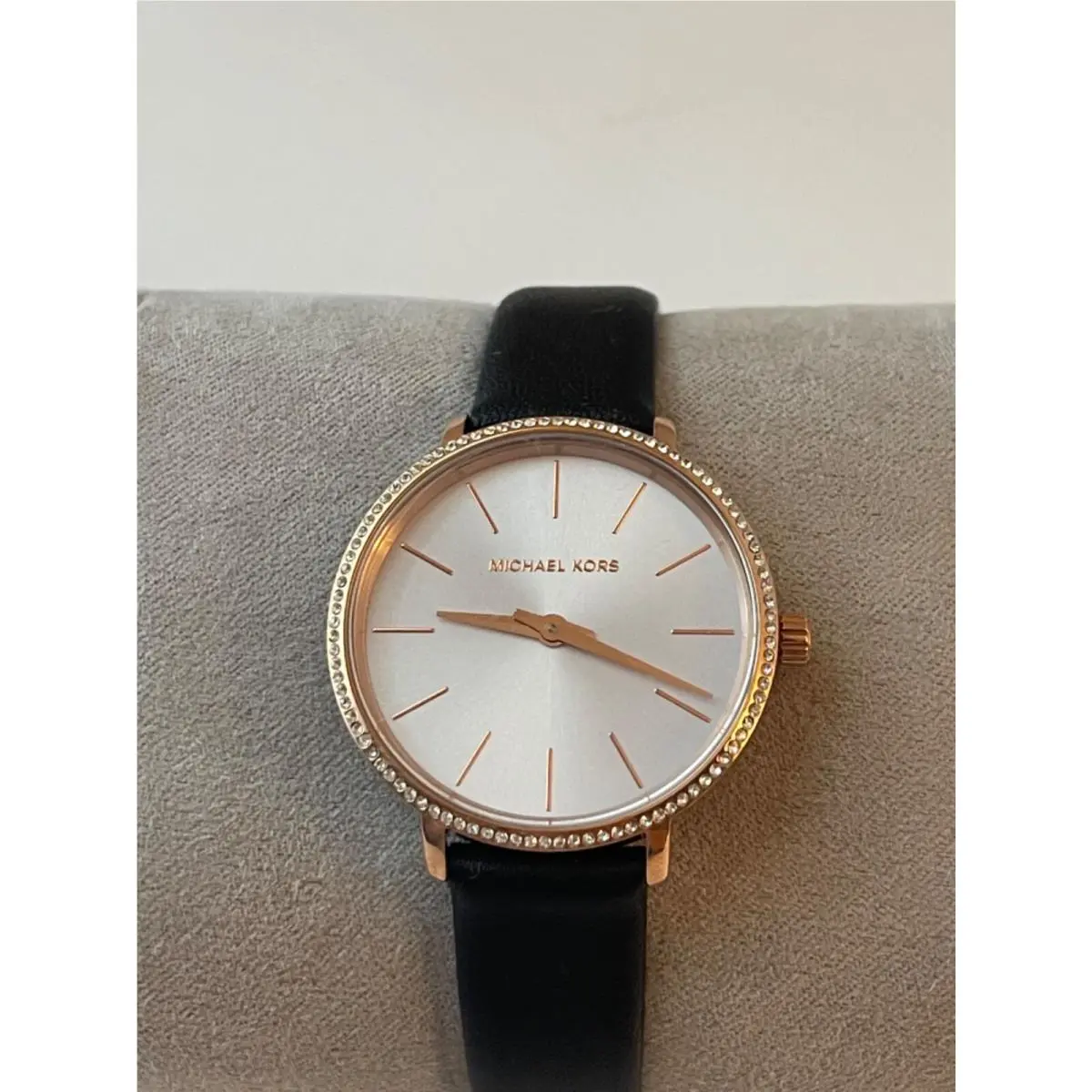 Michael Kors Pyper Crystals Rose Gold Black Leather Strap Women`s Watch MK2835