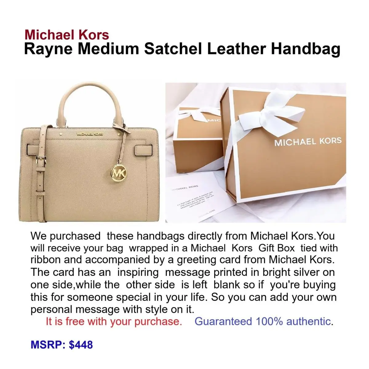 Rayne Medium Satchel Leather Handbag In MK Gift Box by Michael Kors