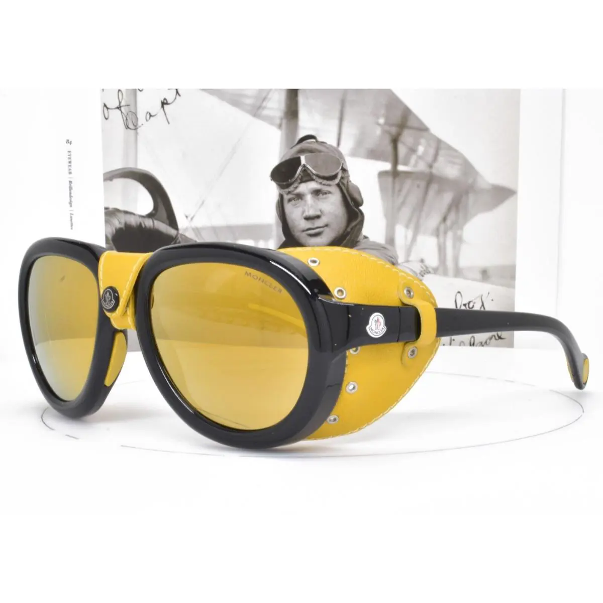 Moncler Black Sunglasses Yellow Leather Shield Ski Trekking Hiking 90/01C