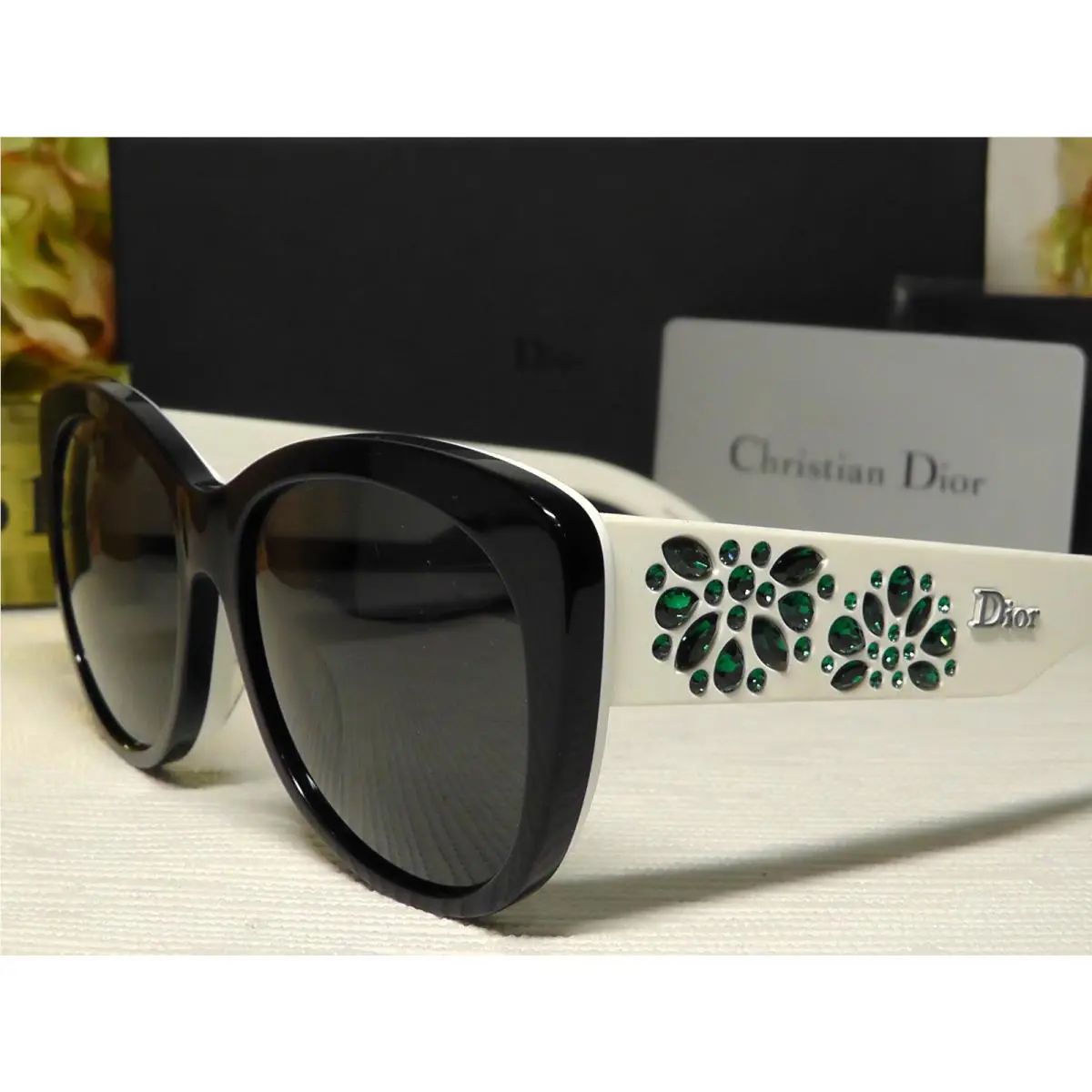 Christian Dior Inedite Back White Rubber Emerald Crystals Frame Sunglasses