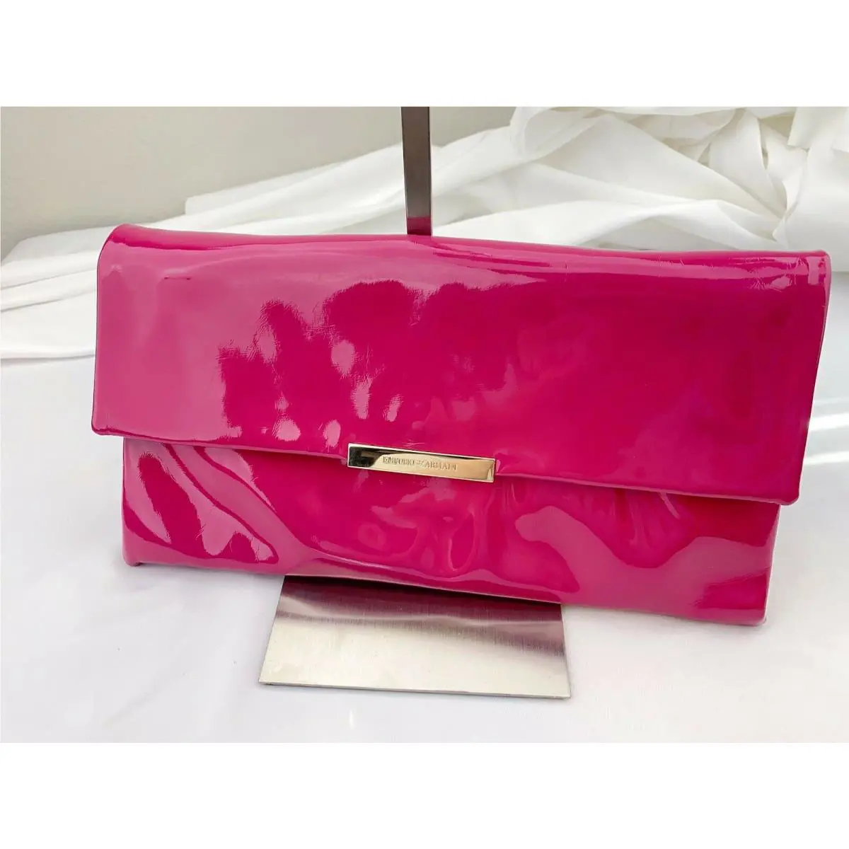 Emporio Armani Shining Leather Women`s Shoulder Bag Clutch Crossbody Fuxia