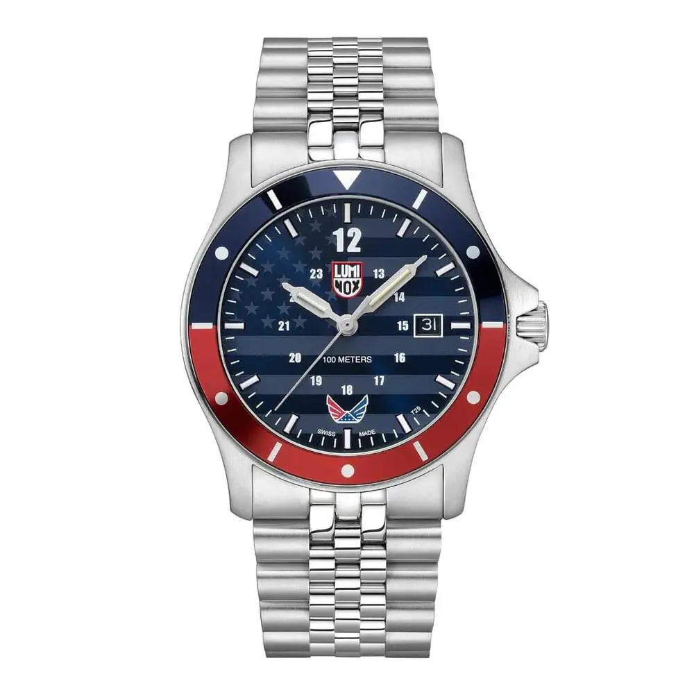 Luminox XS.0914.VOL Volition America `minuteman` Swiss Made Dress Watch 42 mm - Dial: Blue, Band: Silver, Bezel: Blue, Red