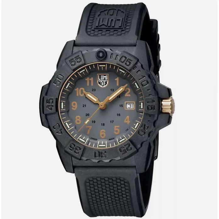 Luminox Men`s Watch Navy Seal Quartz Black Steel Case Rubber Strap 3508.Gold