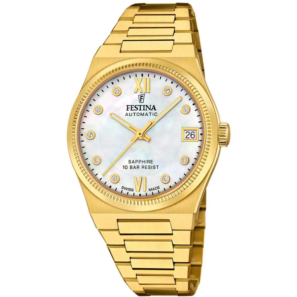 Swiss Made Auto 35MM Yellow Gold Mop Dial Women`s Watch F20033-1 by Festina