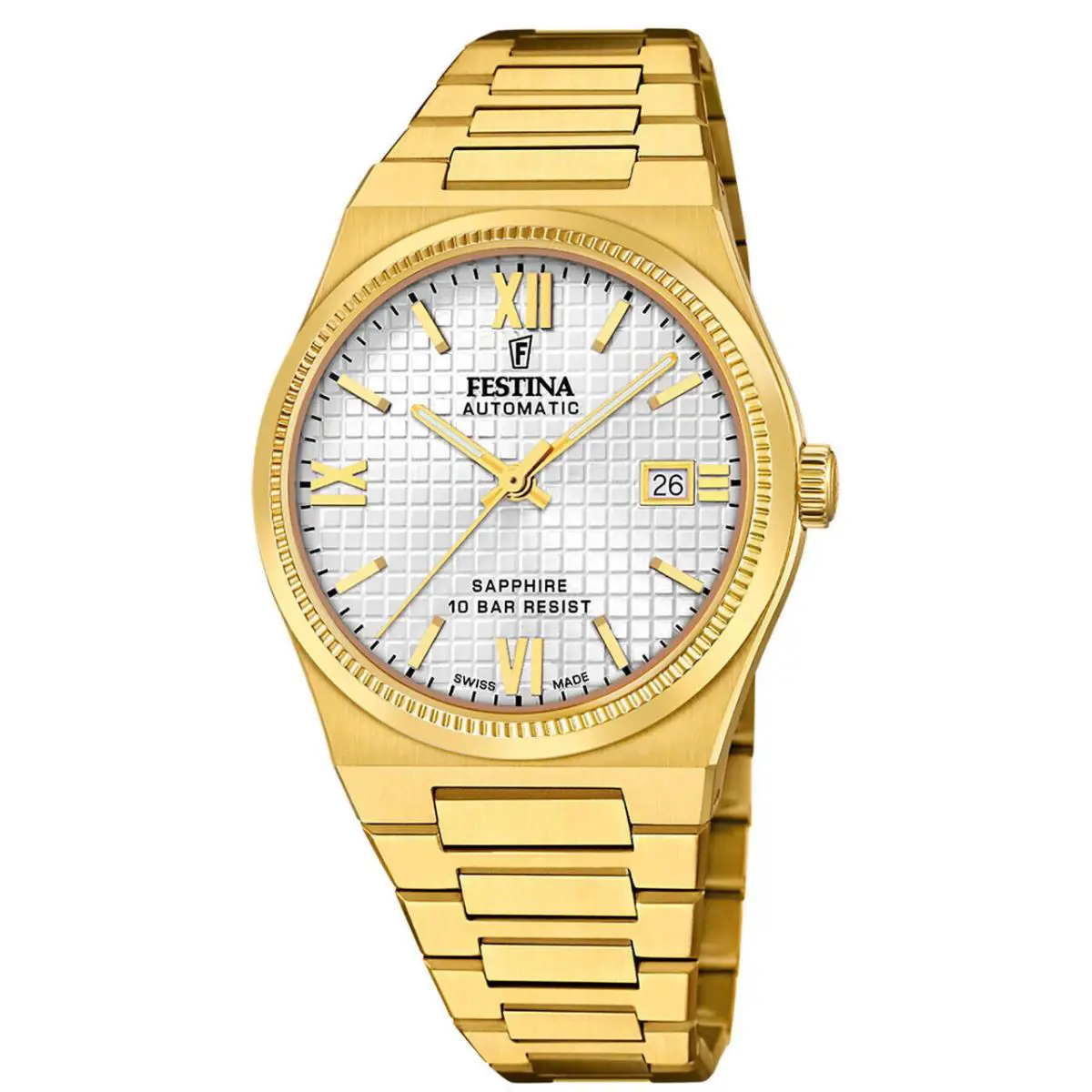 Swiss Made Auto 40MM Yellow Gold SS Silver Dial Men`s Watch F20032-1 by Festina