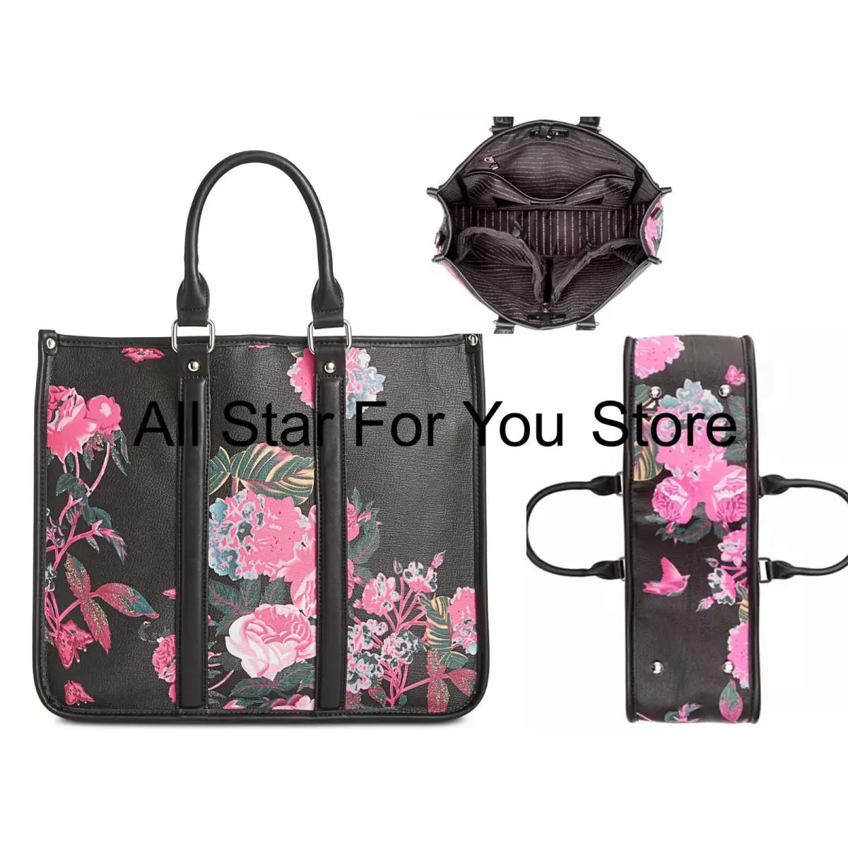 Steve Madden Womens Badrian Leather Floral Tote Handbag Black/Floral