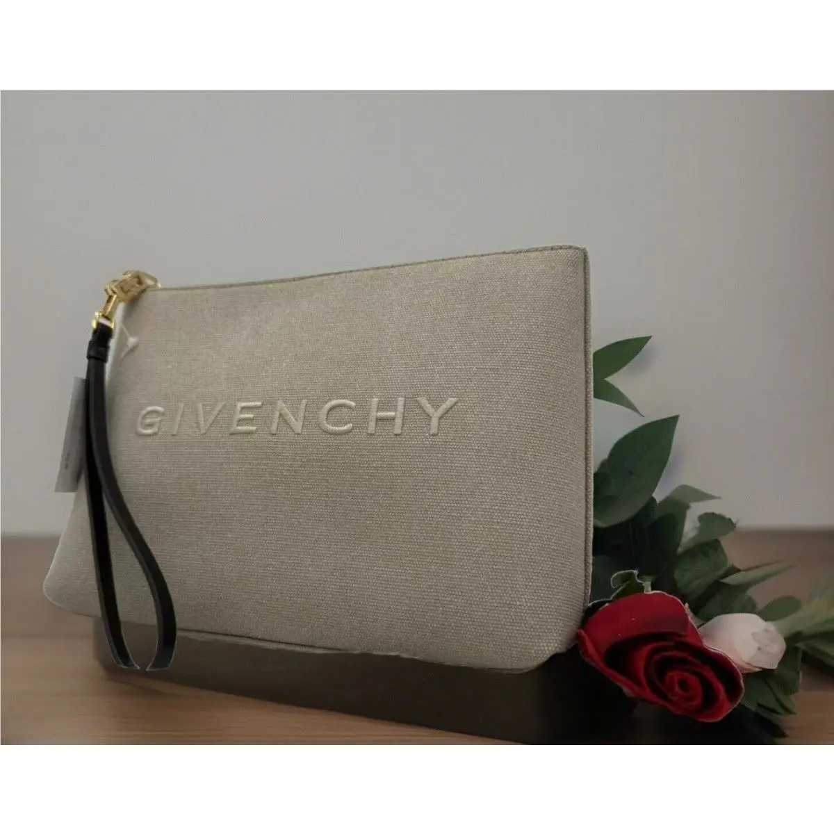 Givenchy Logo Canvas Zip Top Travel Wristlet Pouch In Army Beige