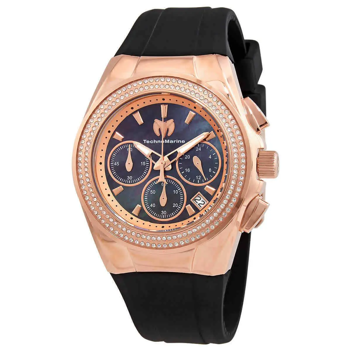 Technomarine Cruise Diva Pave Women`s 40mm Mop Rose Gold Crystal Watch TM-120043 - Dial: Black, Band: Black, Bezel: Rose Gold