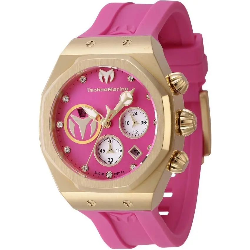 Technomarine Reef Sun Women`s 40mm Pink Dial Gold Chronograph Watch TM-523009 - Dial: Gold, Pink, Silver, Band: Pink, Bezel: Gold, Yellow